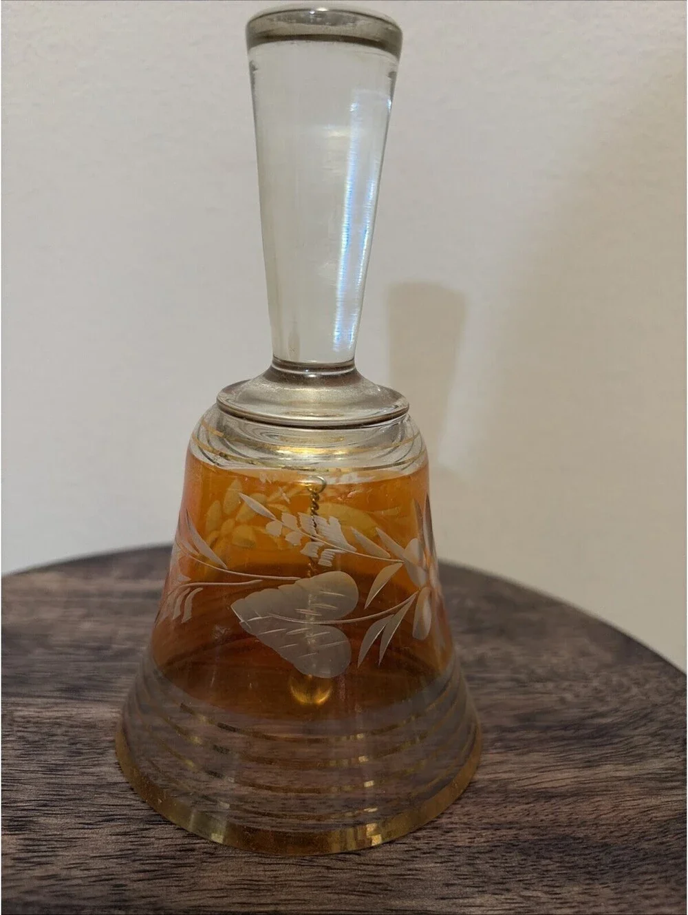 VINTAGE SAPSKA FABRIKA STAKLA PARACIN GLASS BELL CRYSTAL ETCH FLORAL YELLOW,GOLD